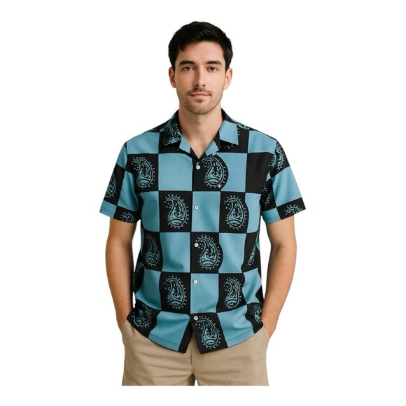 ROMWE Mens Casual Button Down Shirt~Size M~Blue Black Vacay Beach Top~L12 01 - Picture 1 of 7